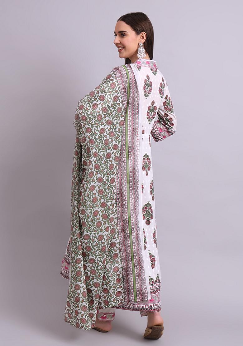 Off White Embroidered Cotton Anarkali Set With Dupatta