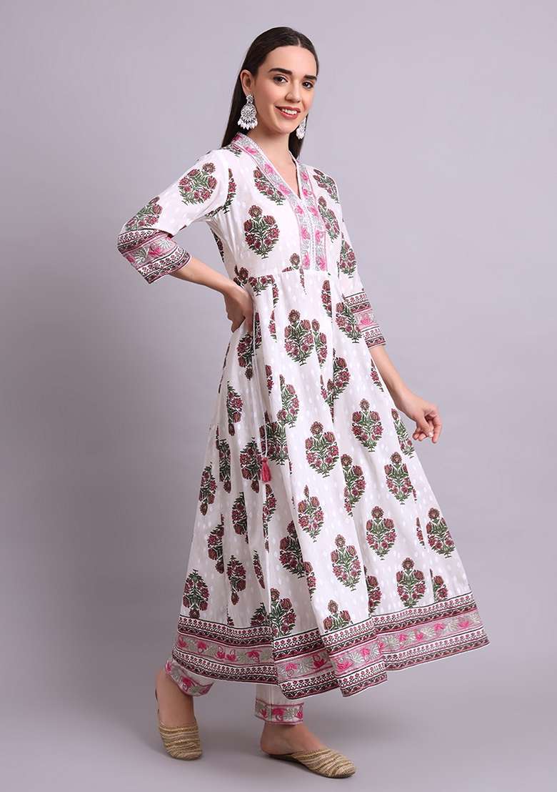 Off White Embroidered Cotton Anarkali With Dupatta - Indya