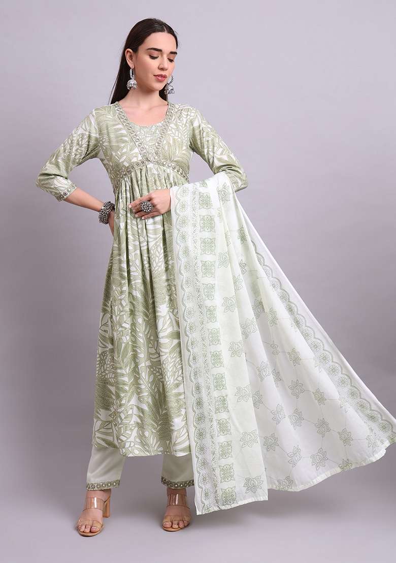 Green Embroidered Cotton Anarkali With Dupatta - Indya
