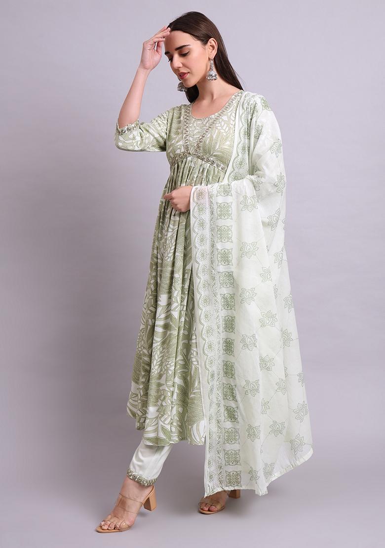 Green Embroidered Cotton Anarkali Set With Dupatta