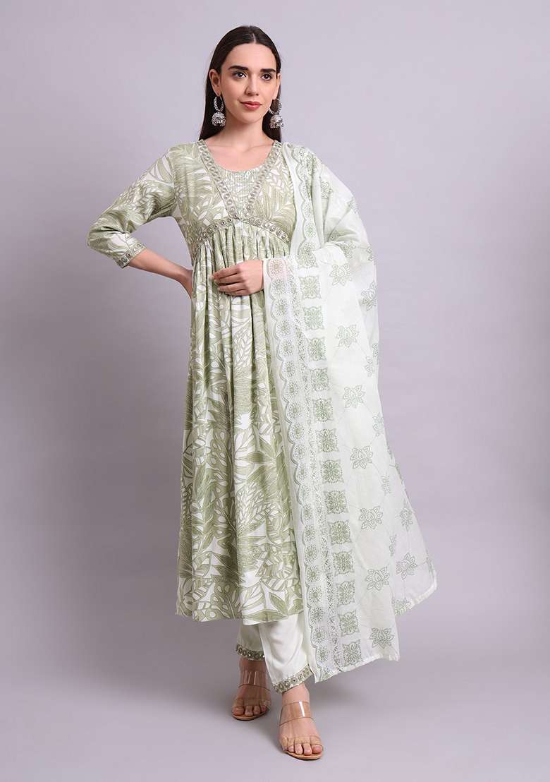 Green Embroidered Cotton Anarkali With Dupatta - Indya