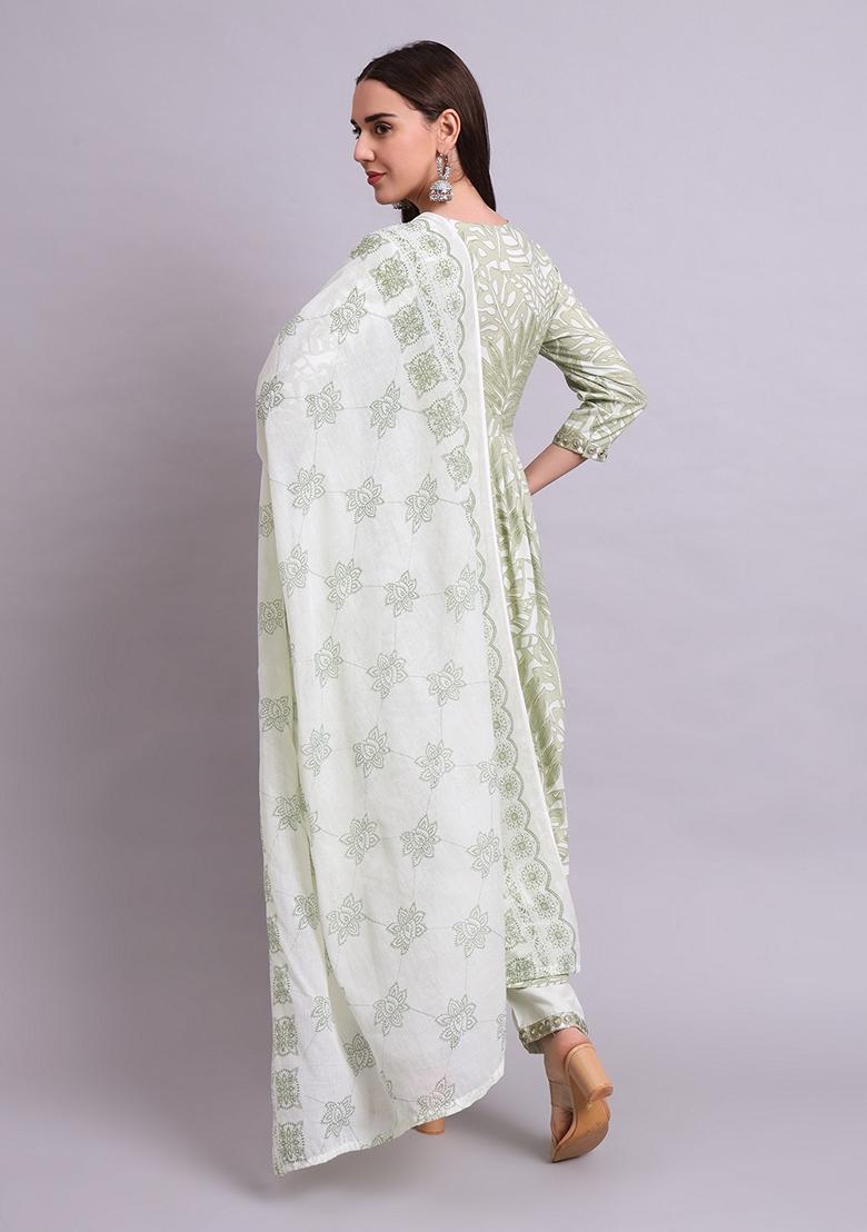 Green Embroidered Cotton Anarkali Set With Dupatta