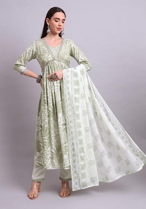Green Embroidered Cotton Anarkali Set With Dupatta