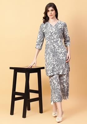 Grey Printed Cotton Co Ord Set