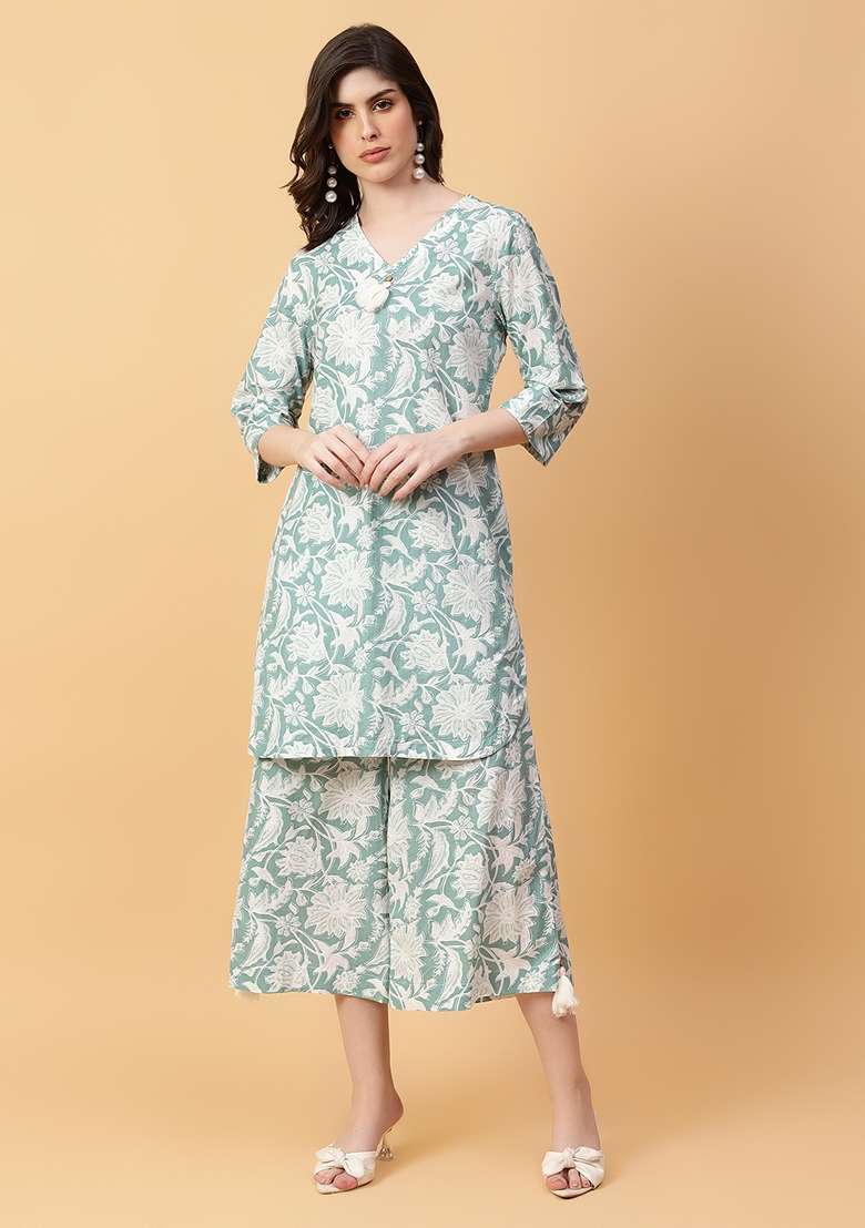 Green Printed Cotton Co Ord Set - Indya