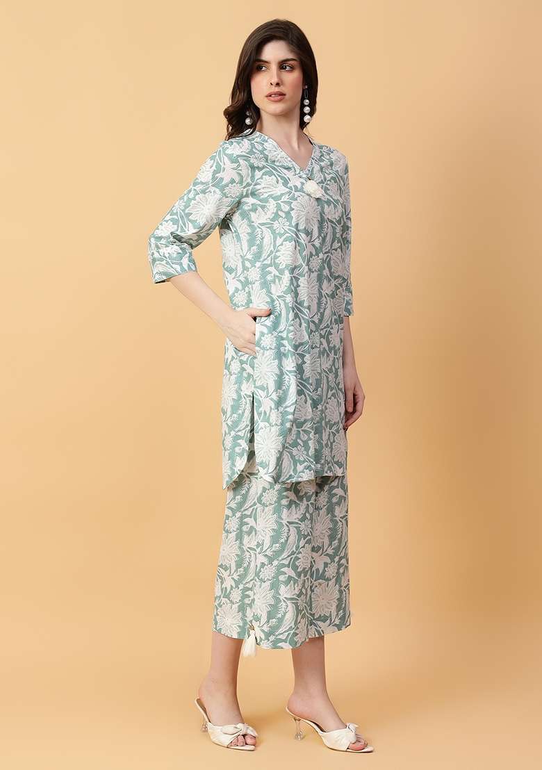 Green Printed Cotton Co Ord Set - Indya