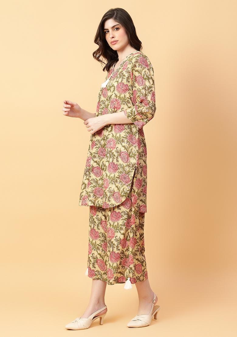 Beige Printed Cotton Co Ord Set