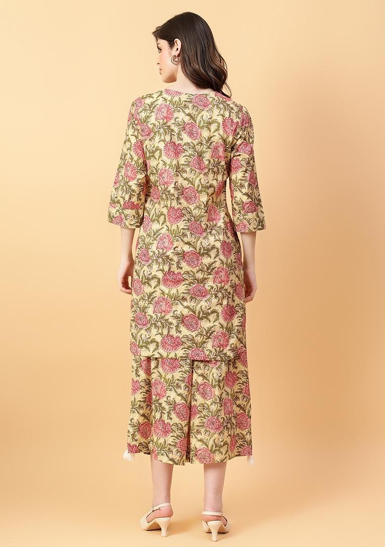 Beige Printed Cotton Co Ord Set