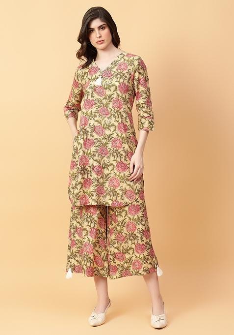 Beige Printed Cotton Co Ord Set