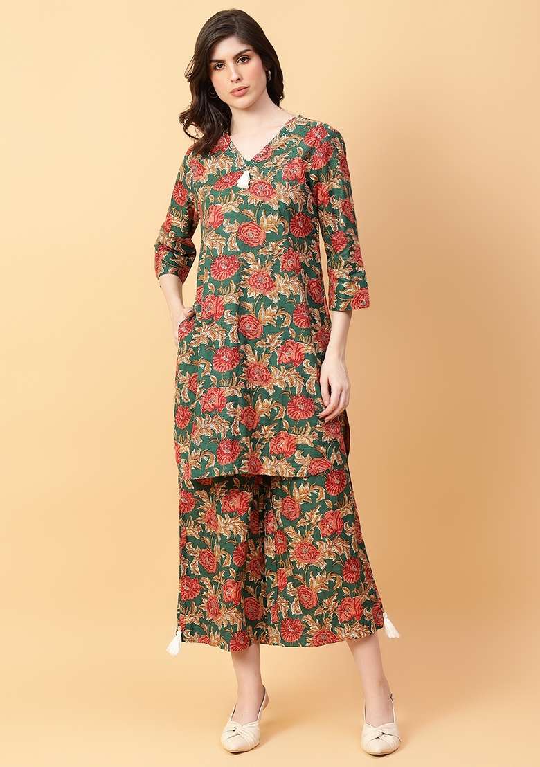 Green Printed Cotton Co Ord Set - Indya