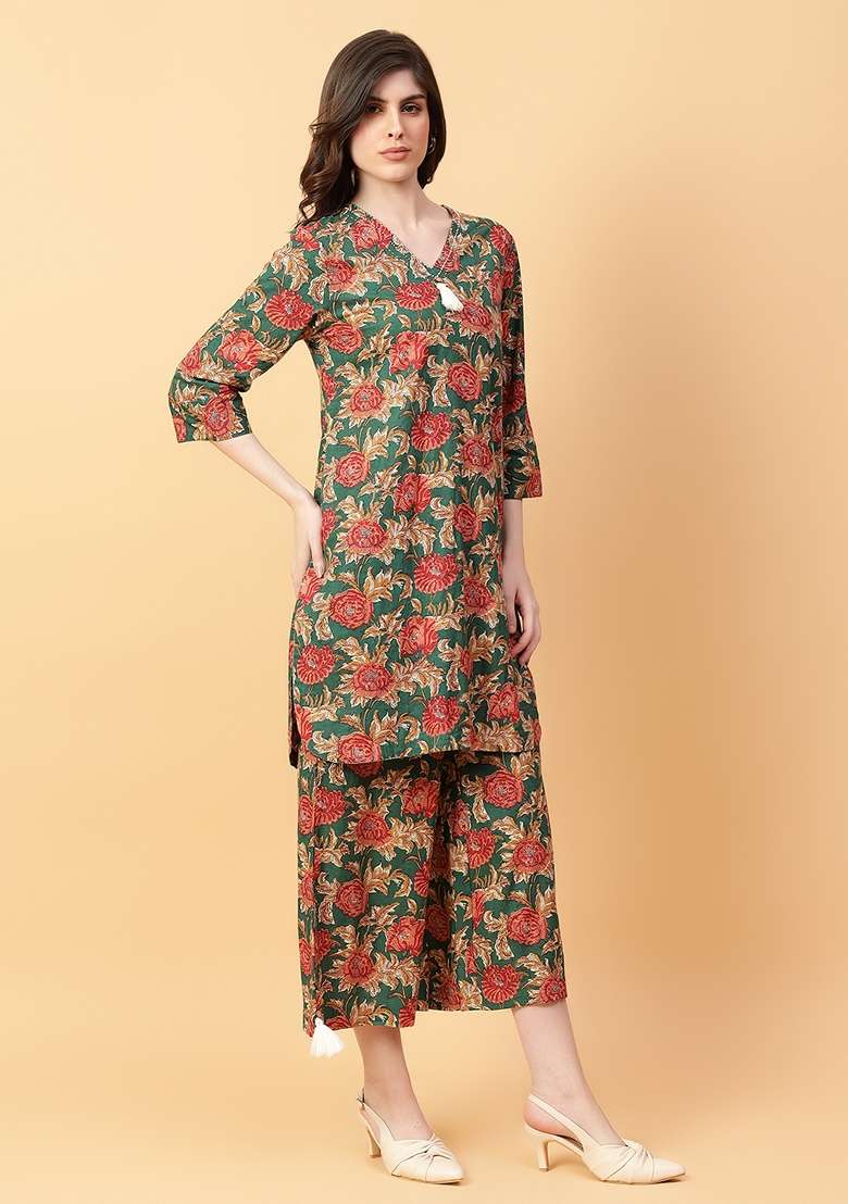 Green Printed Cotton Co Ord Set - Indya