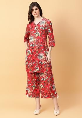 Red Printed Cotton Co Ord Set