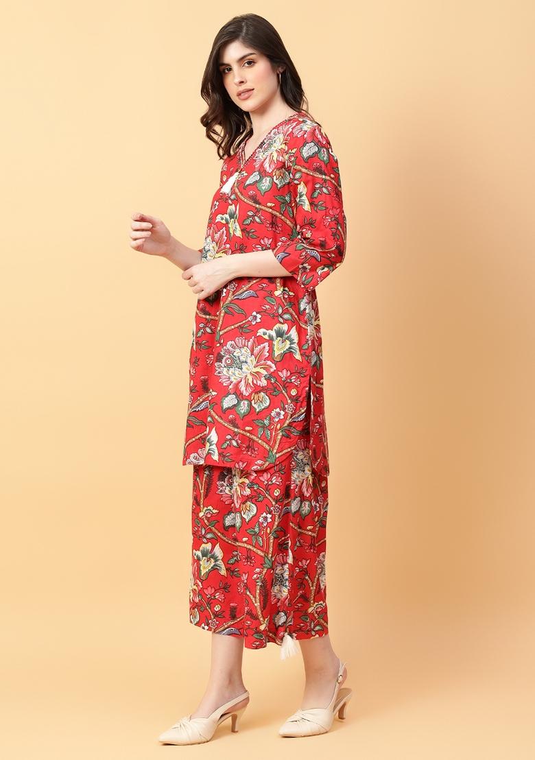 Red Printed Cotton Co Ord Set