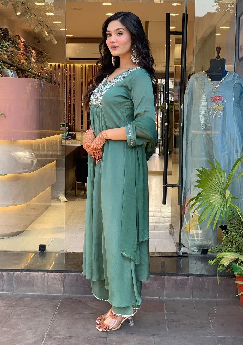 Teal Blue Embroidererd Chinon Anarkali Set With Dupatta