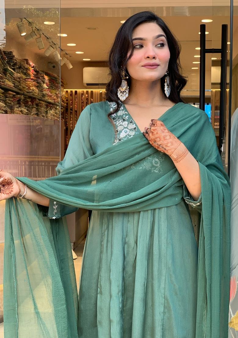 Teal Blue Embroidererd Chinon Anarkali Set With Dupatta