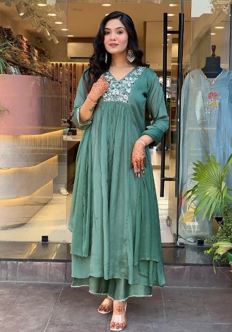 Teal Blue Embroidererd Chinon Anarkali Set With Dupatta