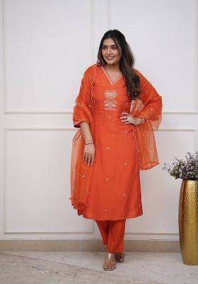 Orange Embroidererd Viscose Chanderi Salwar Kameez With Dupatta