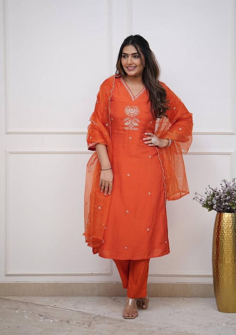 Orange Embroidererd Viscose Chanderi Salwar Kameez With Dupatta