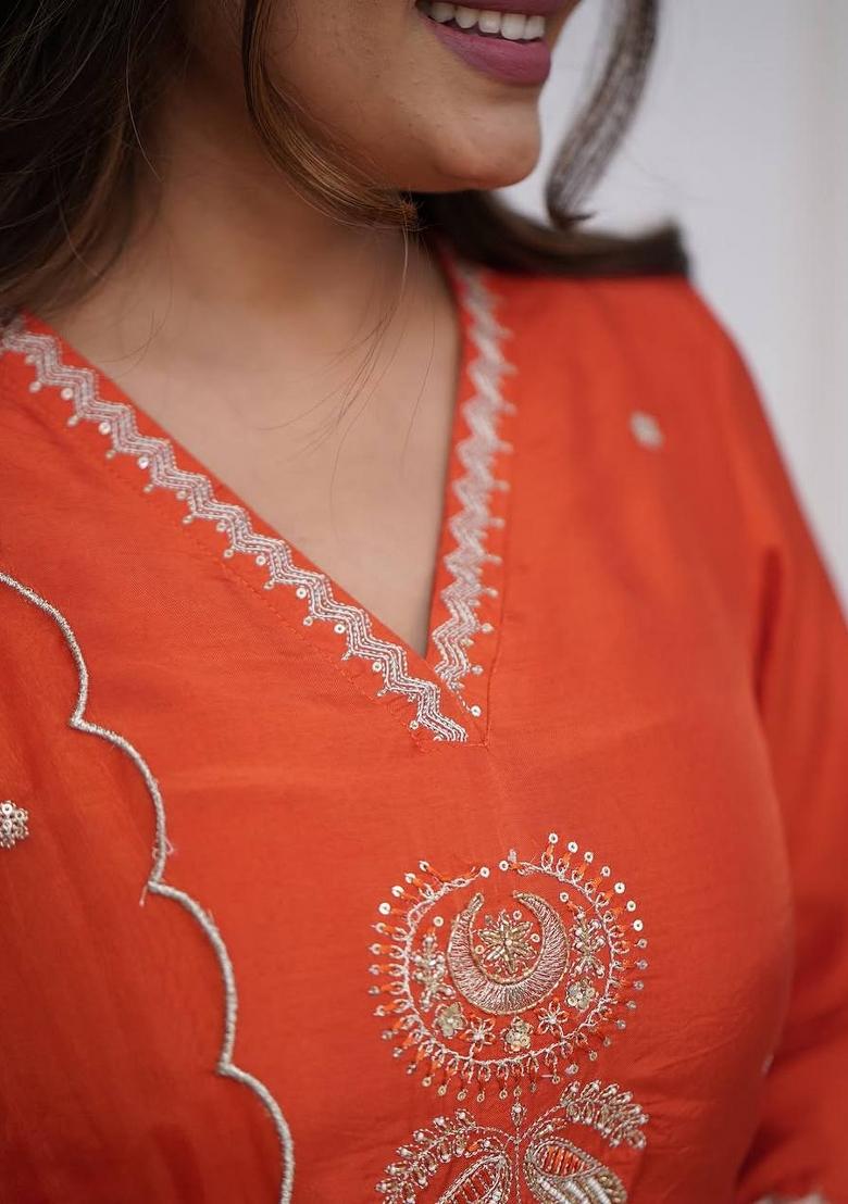 Orange Embroidererd Viscose Chanderi Salwar Kameez With Dupatta