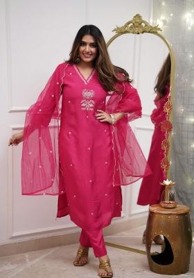 Rani Pink Embroidererd Viscose Chanderi Salwar Kameez With Dupatta