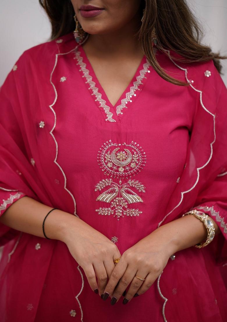 Rani Pink Embroidererd Viscose Chanderi Salwar Kameez With Dupatta