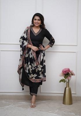 Black Embroidererd Viscose Silk Salwar Kameez With Dupatta
