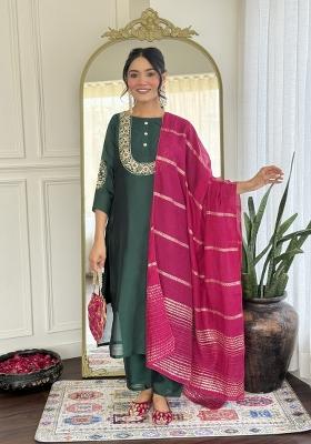 Bottle Green Embroidererd Vichitra Silk Salwar Kameez With Dupatta