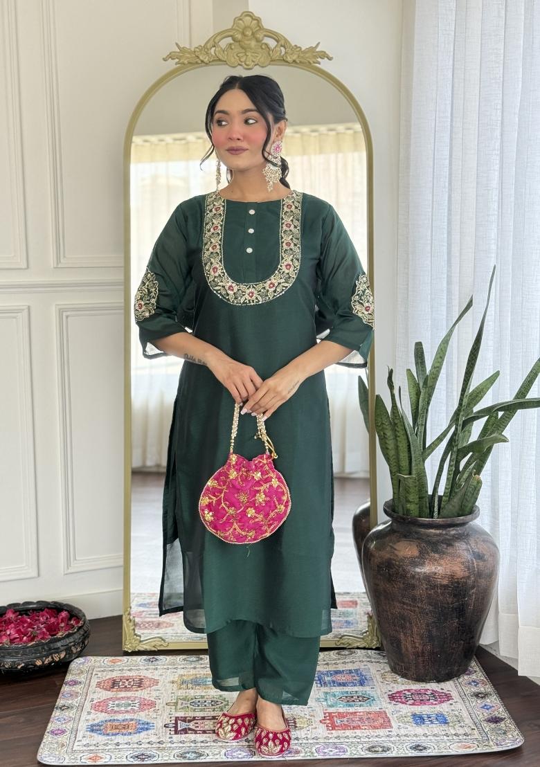 Bottle Green Embroidererd Vichitra Silk Salwar Kameez With Dupatta