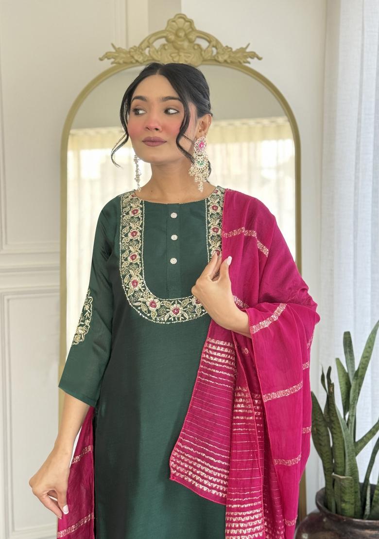 Bottle Green Embroidererd Vichitra Silk Salwar Kameez With Dupatta