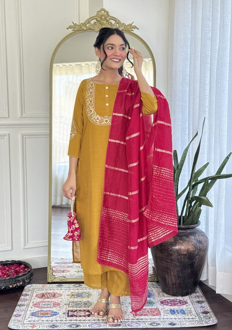 Mustard Yellow Embroidererd Vichitra Silk Salwar Kameez With Dupatta