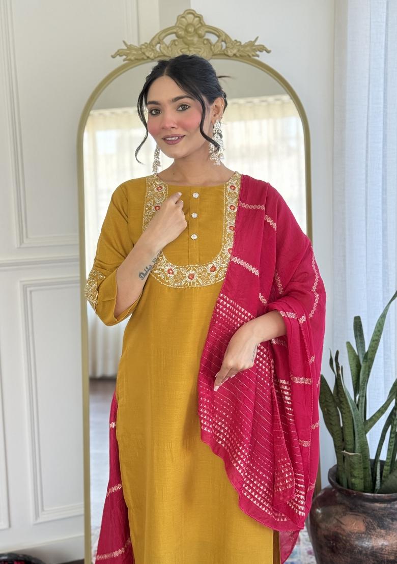 Mustard Yellow Embroidererd Vichitra Silk Salwar Kameez With Dupatta