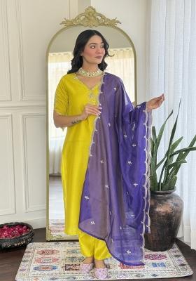Lemon Yellow Embroidererd Viscose Chanderi Salwar Kameez With Dupatta