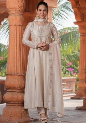 Cream Embroidererd Vichitra Silk Anarkali Set With Dupatta