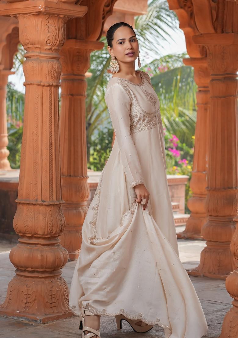 Cream Embroidererd Vichitra Silk Anarkali Set With Dupatta