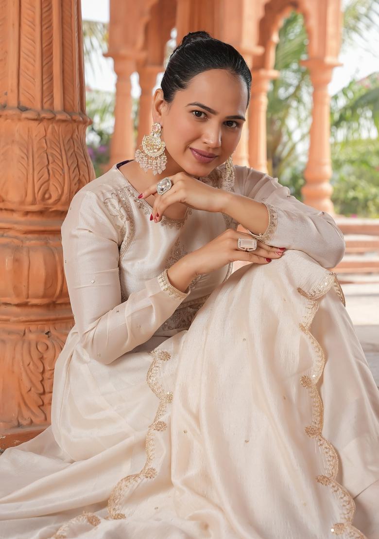 Cream Embroidererd Vichitra Silk Anarkali Set With Dupatta