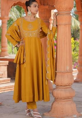 Mustard Yellow Embroidererd Vichitra Silk Anarkali Set With Dupatta