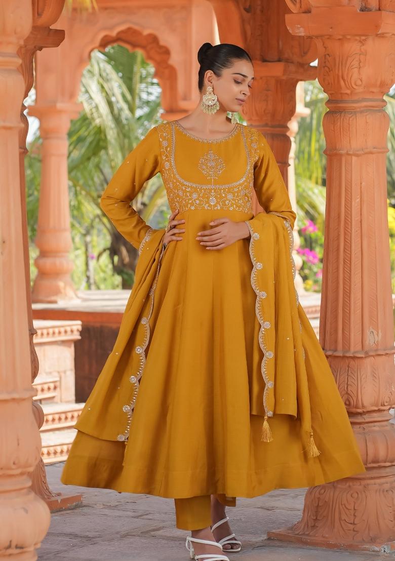 Mustard Yellow Embroidererd Vichitra Silk Anarkali Set With Dupatta