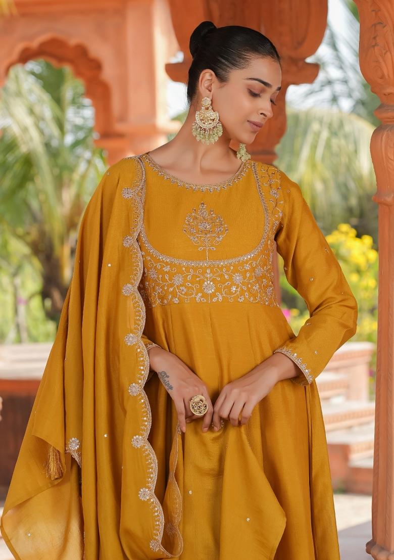 Mustard Yellow Embroidererd Vichitra Silk Anarkali Set With Dupatta