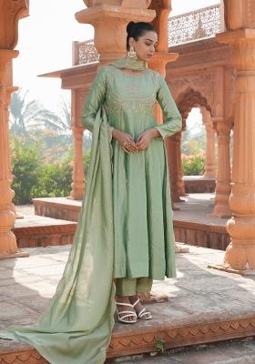 Pista Green Embroidererd Vichitra Silk Anarkali Set With Dupatta