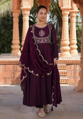 Wine Embroidererd Vichitra Silk Anarkali Set With Dupatta