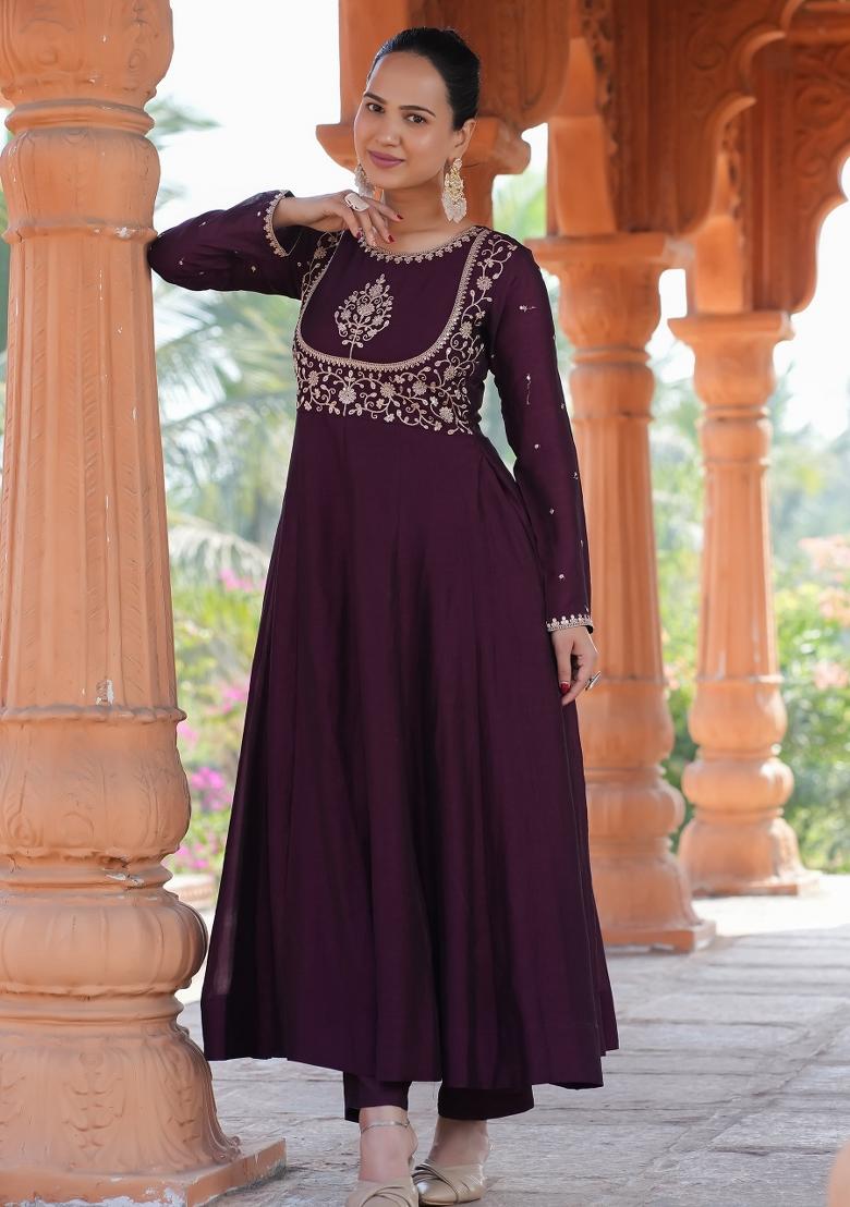 Wine Embroidererd Vichitra Silk Anarkali Set With Dupatta