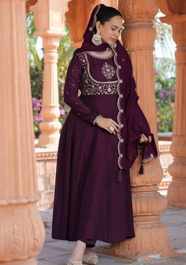 Wine Embroidererd Vichitra Silk Anarkali Set With Dupatta