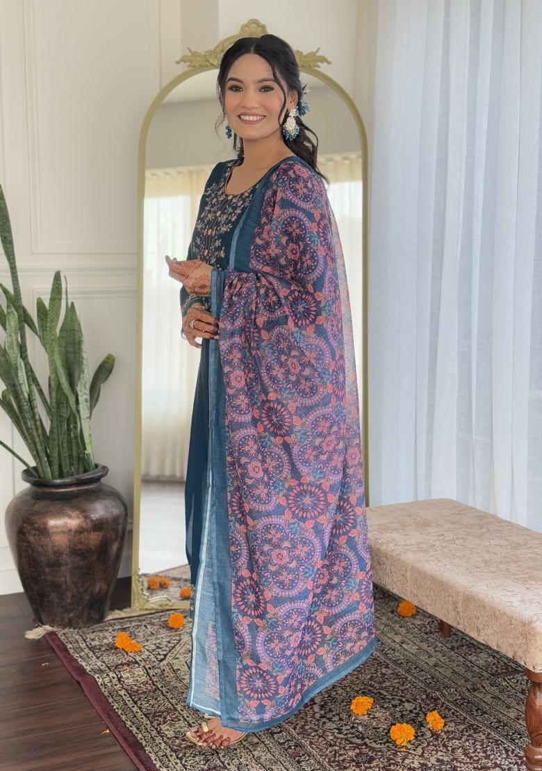 Teal Blue Embroidererd Chanderi Silk Salwar Kameez With Dupatta