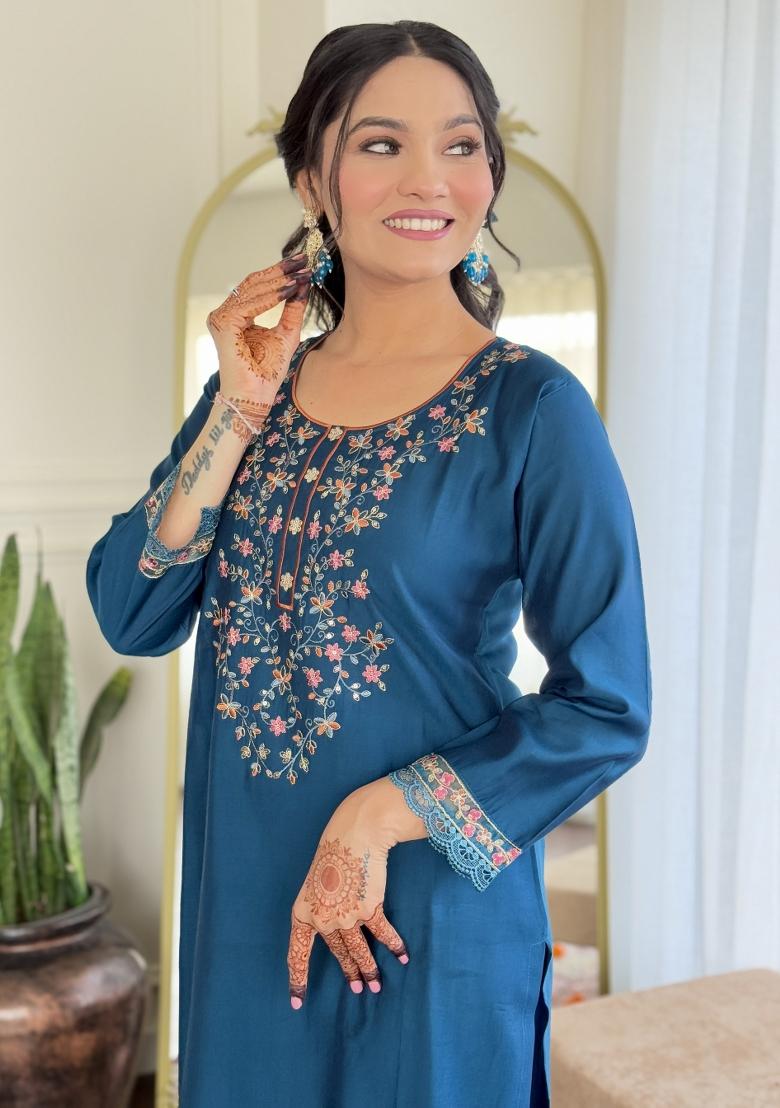 Teal Blue Embroidererd Chanderi Silk Salwar Kameez With Dupatta