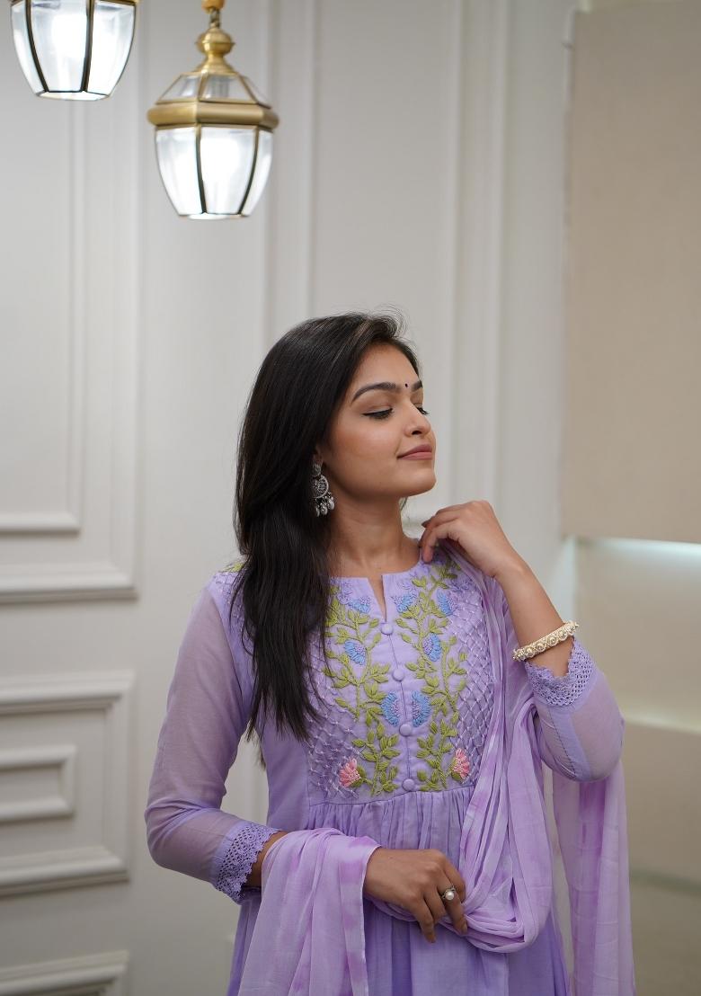 Lavender Embroidererd Georgette Anarkali Set With Dupatta