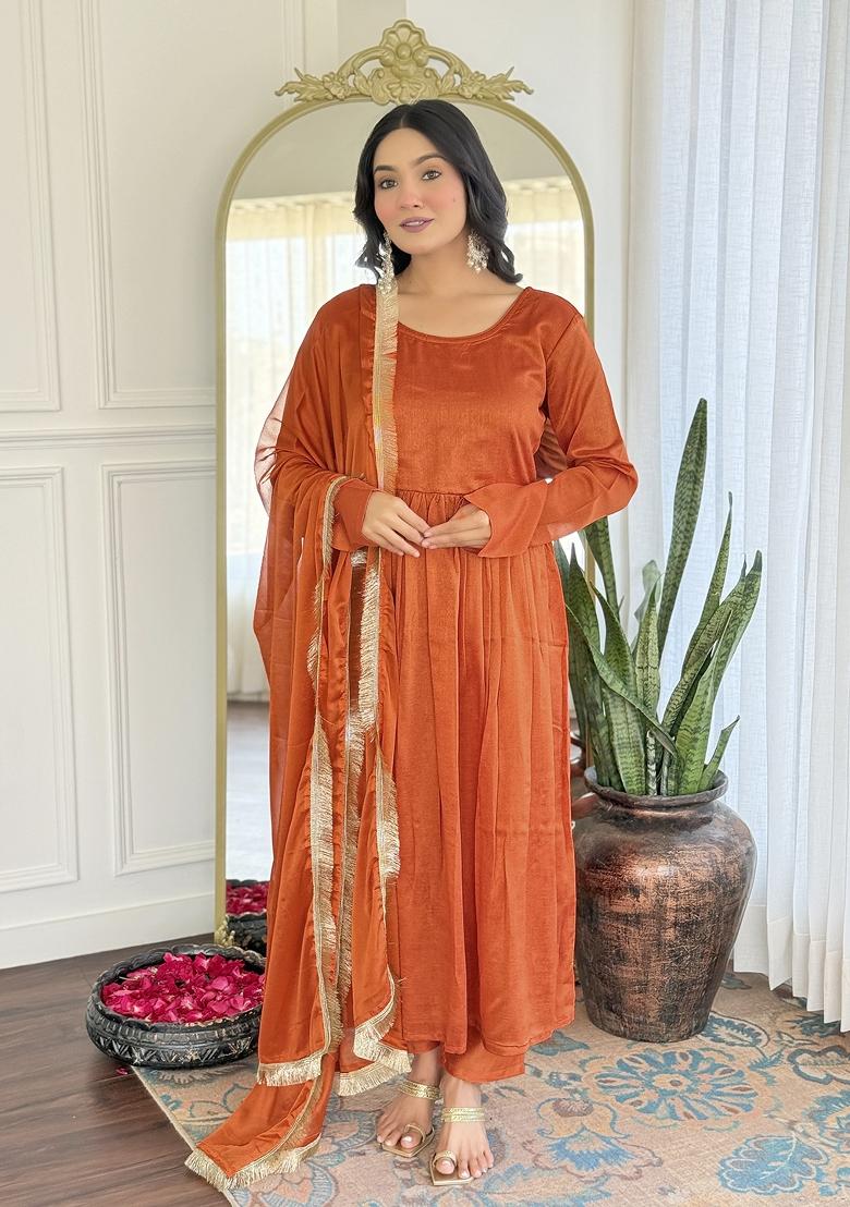 Rust Brown Embroidererd Vichitra Silk Palazzo Set With Dupatta