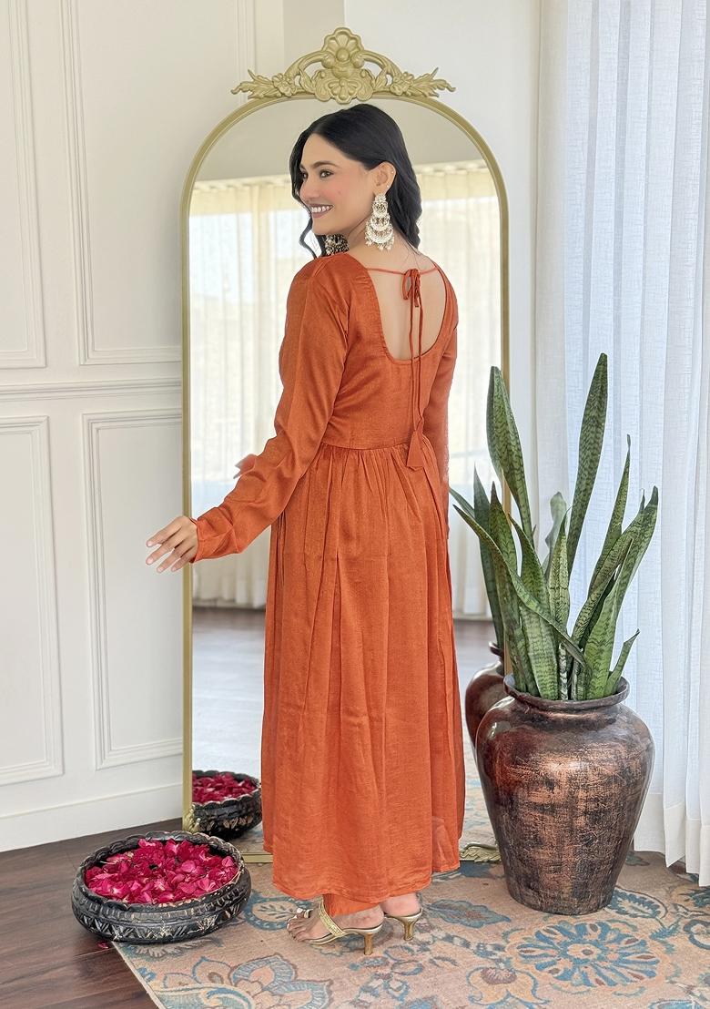 Rust Brown Embroidererd Vichitra Silk Palazzo Set With Dupatta