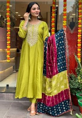 Parrot_Green Embroidererd Viscose Chanderi Salwar Kameez With Dupatta