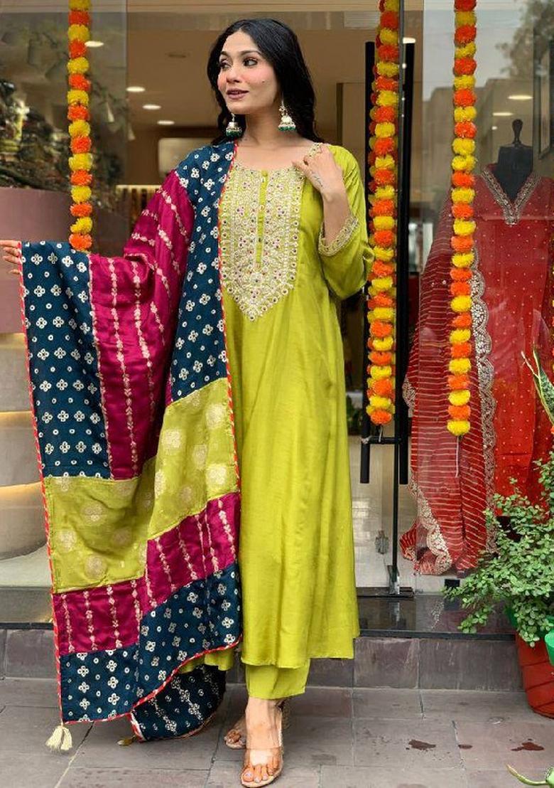 Parrot_Green Embroidererd Viscose Chanderi Salwar Kameez With Dupatta