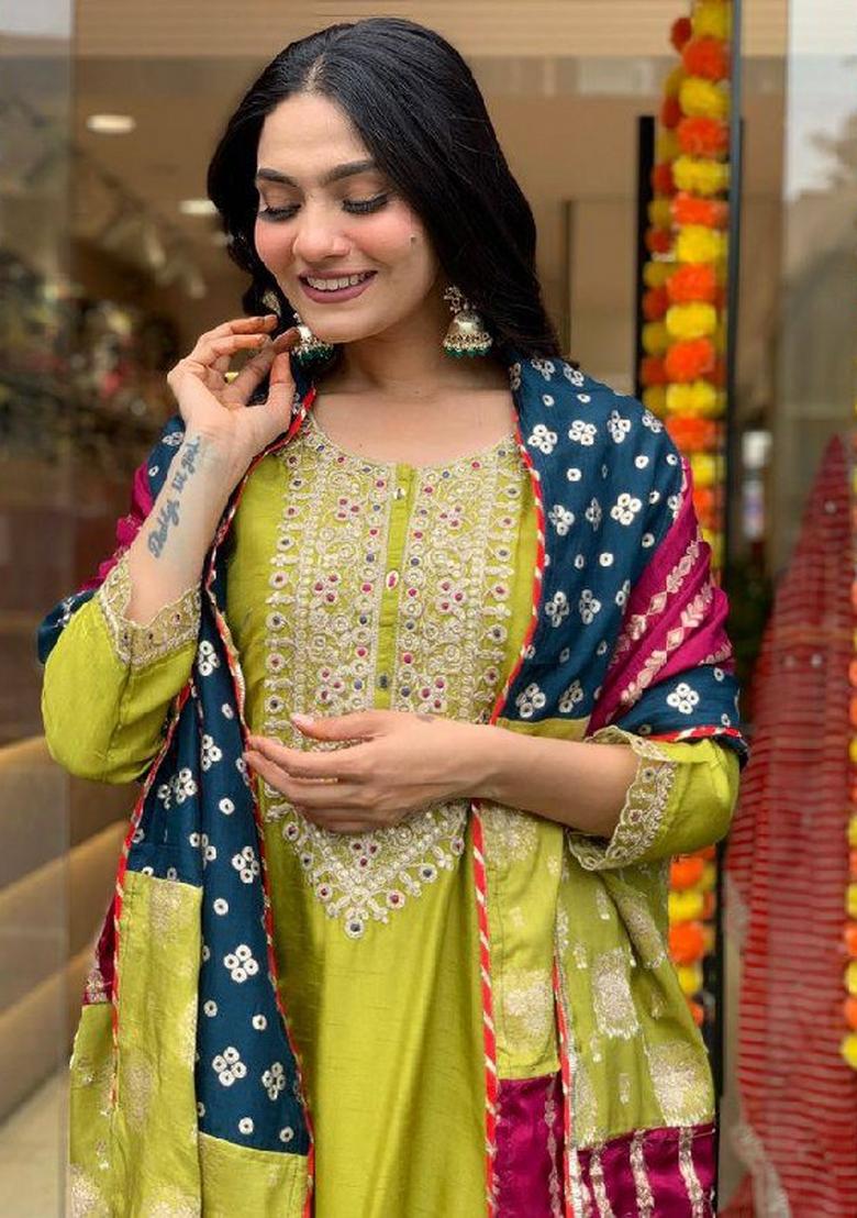 Parrot_Green Embroidererd Viscose Chanderi Salwar Kameez With Dupatta